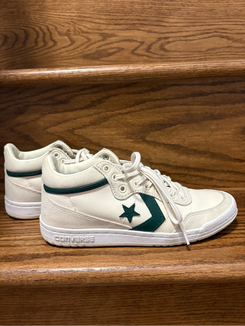 Converse Kids Mid-Top Sneakers in Cream with Dark Green Trim